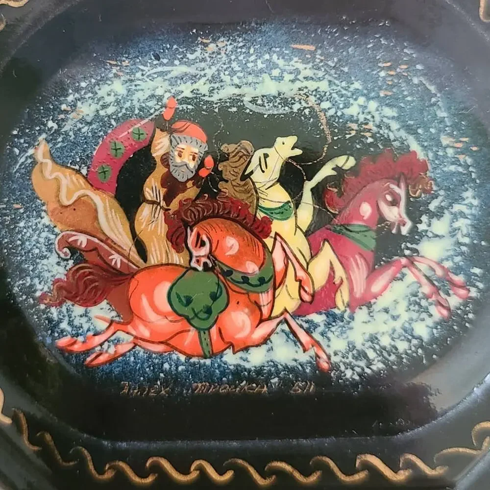 Russian Lacquer Box Palekh Style Hand Painted Artist Signed Vintage Folk Scene